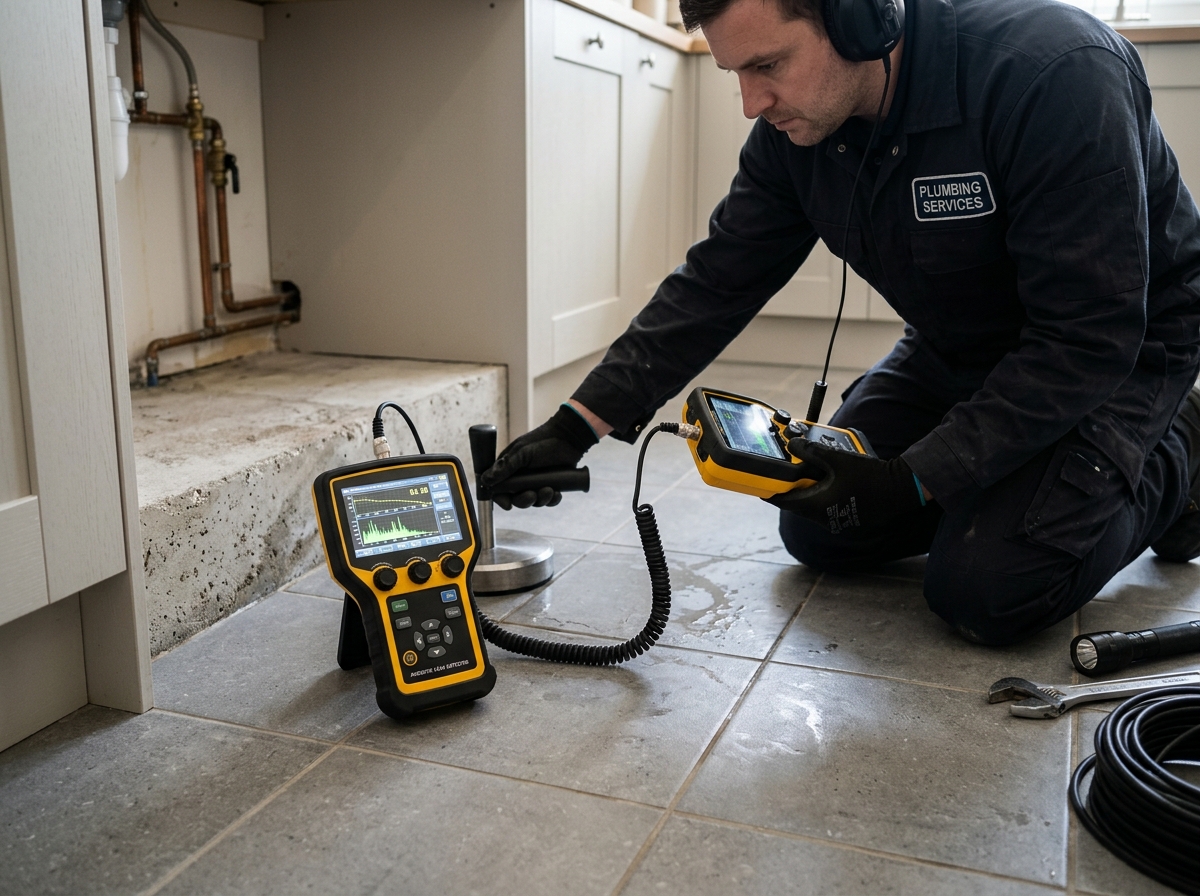 Plumbing technician compiling diagnostic inspection report for slab leak insurance claim in Pflugerville