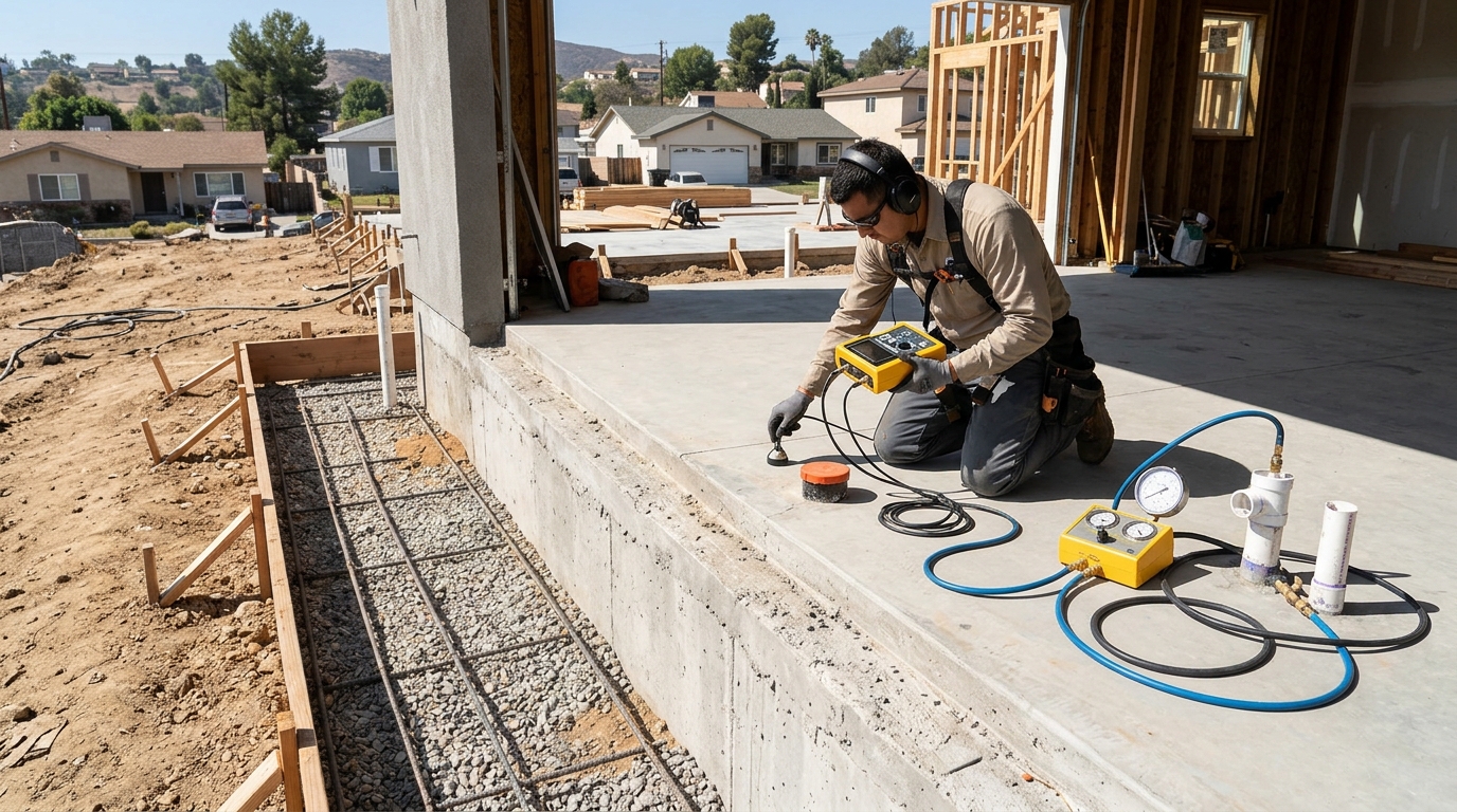 Slab leak repair technician inspecting foundation plumbing in Pflugerville TX